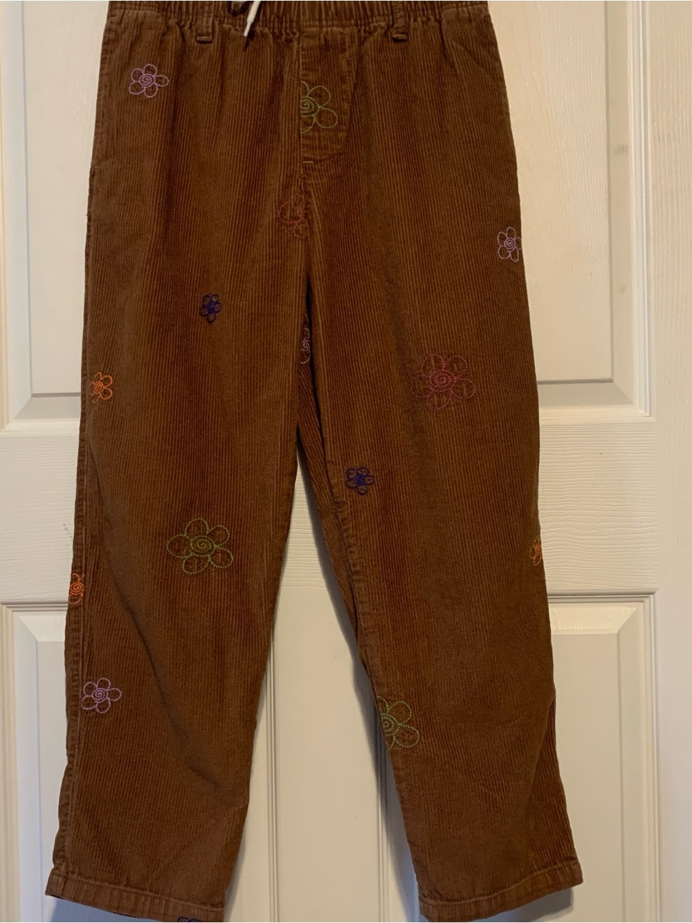 Urban Outfitters-Browny Corduroy Pants with Embroidered Multi-Color Flowers